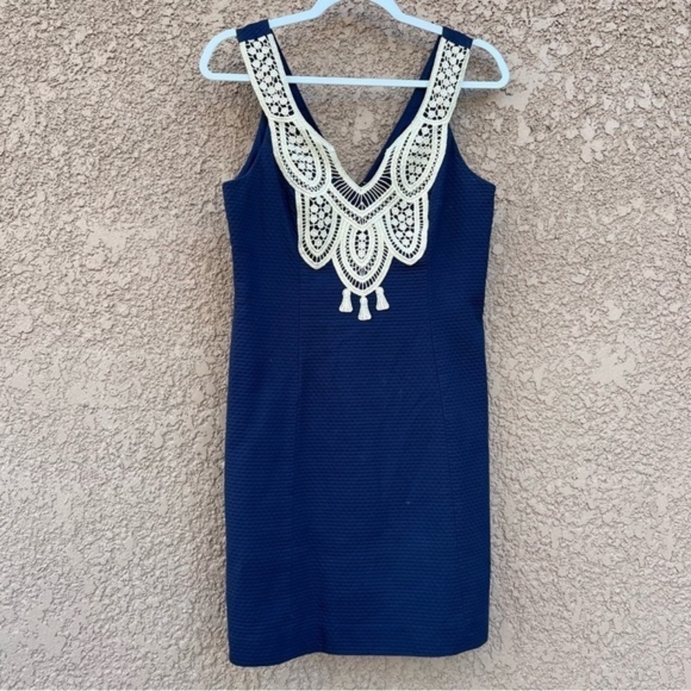 Lilly Pulitzer Navy Blue Sheath Dress with Cream Crochet Yoke